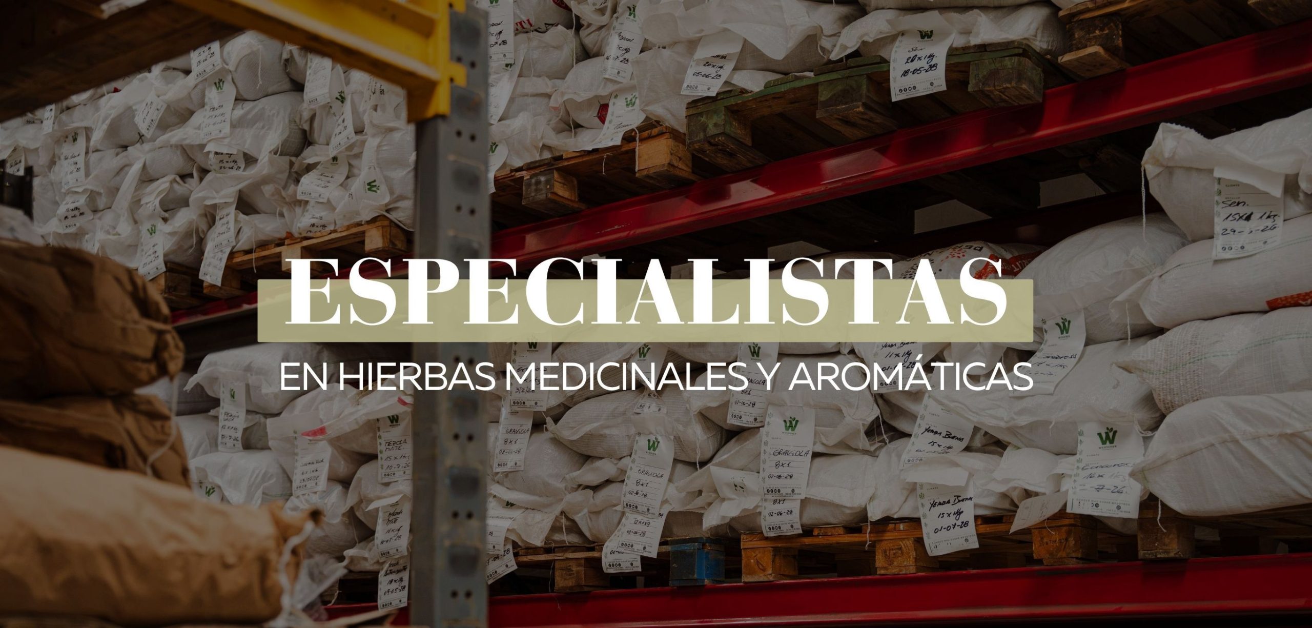 Estantería con bolsas de hierbas medicinales y aromáticas en el depósito de Werdener Distribuidora